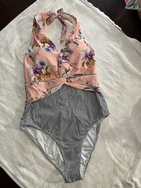 Cupshe Pink Floral & Black Striped One-Piece Swimsuit